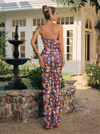 Abito Maxi Senza Spalline con Fiori e Paillettes Caldrek