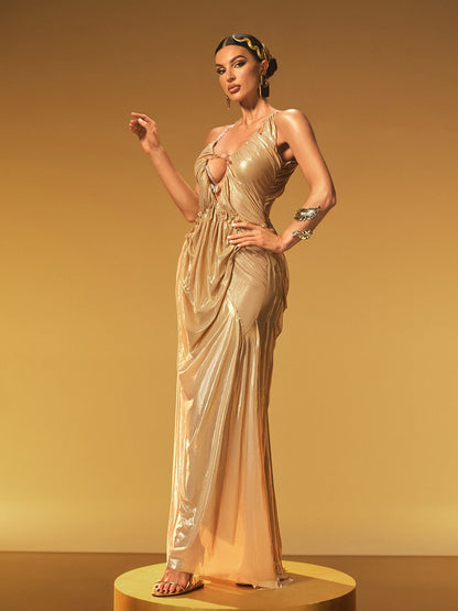 Abito Maxi Arricciato Daiki con Scollo a Halter in Marrone