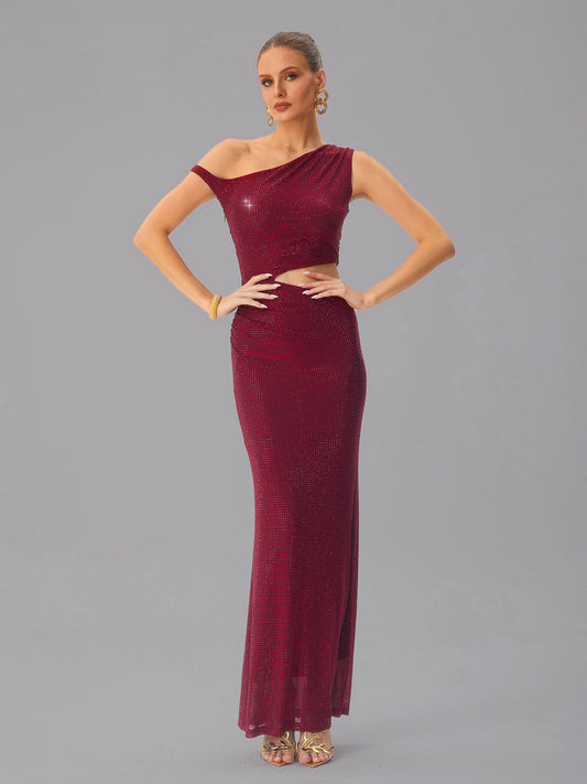 Abito Maxi con Cutout e Strass in Vino