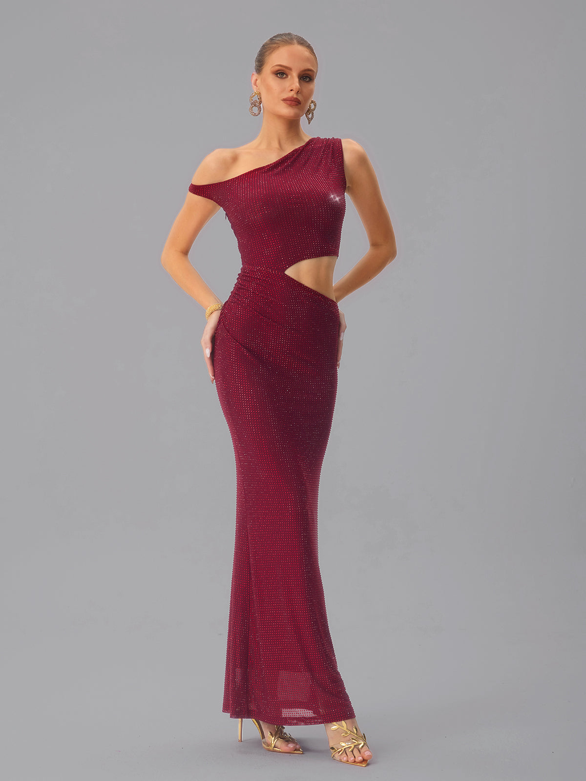 Abito Maxi con Cutout e Strass in Vino