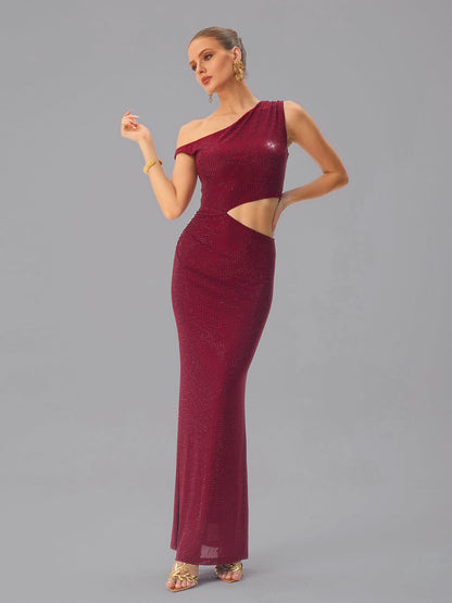 Abito Maxi con Cutout e Strass in Vino