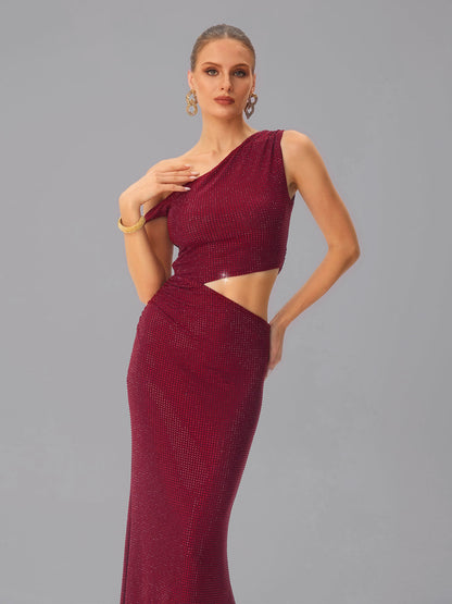 Abito Maxi con Cutout e Strass in Vino