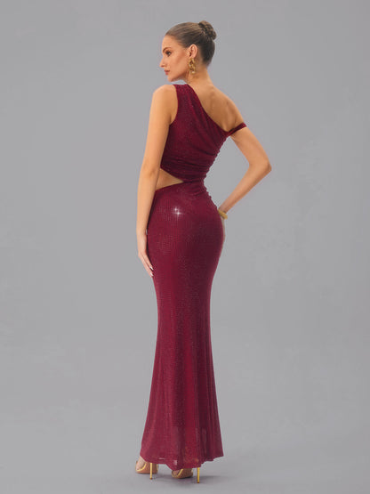 Abito Maxi con Cutout e Strass in Vino
