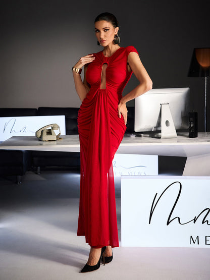 Abito Maxi Drappeggiato con Cutout Drosyne in Rosso