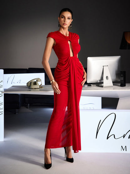Abito Maxi Drappeggiato con Cutout Drosyne in Rosso