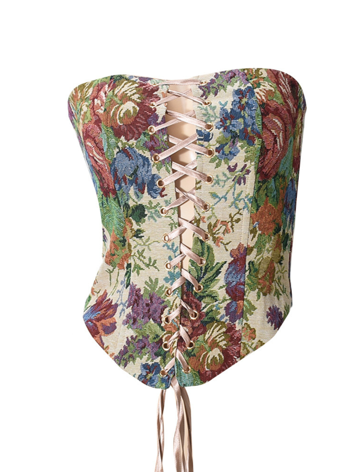 Top floreale senza spalline Drynthos con lacci