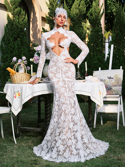 Abito Maxi in Pizzo con Cutout a Fiori a Manica Lunga Edalene