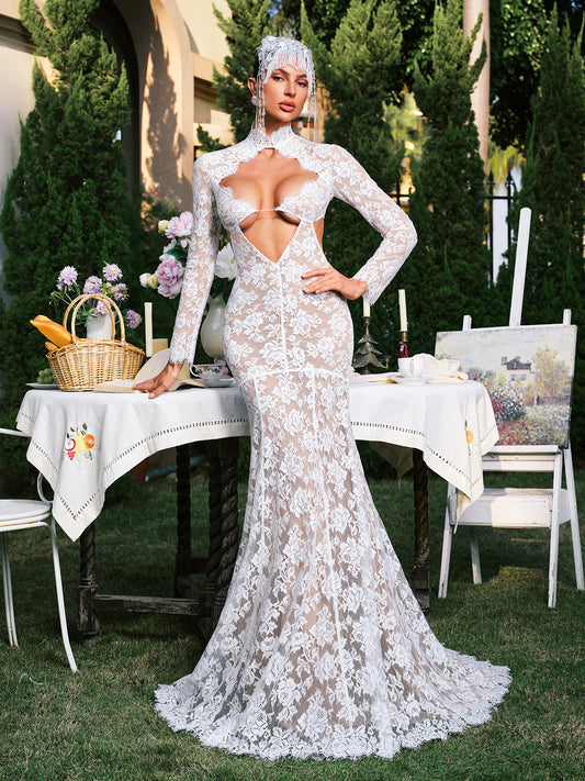 Abito Maxi in Pizzo con Cutout a Fiori a Manica Lunga Edalene