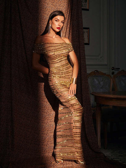 Eryx Abito Maxi in Rete con Strass Off Shoulder