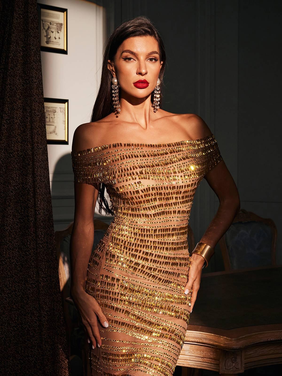 Eryx Abito Maxi in Rete con Strass Off Shoulder