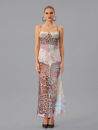 Abito Maxi in Pizzo Leopardo con Spaghetti