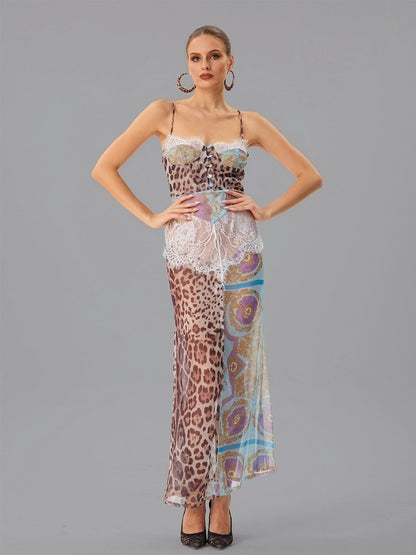 Abito Maxi in Pizzo Leopardo con Spaghetti
