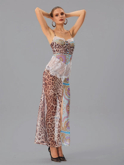Abito Maxi in Pizzo Leopardo con Spaghetti