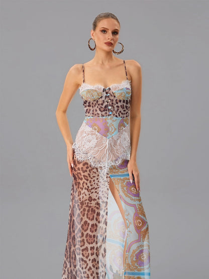 Abito Maxi in Pizzo Leopardo con Spaghetti