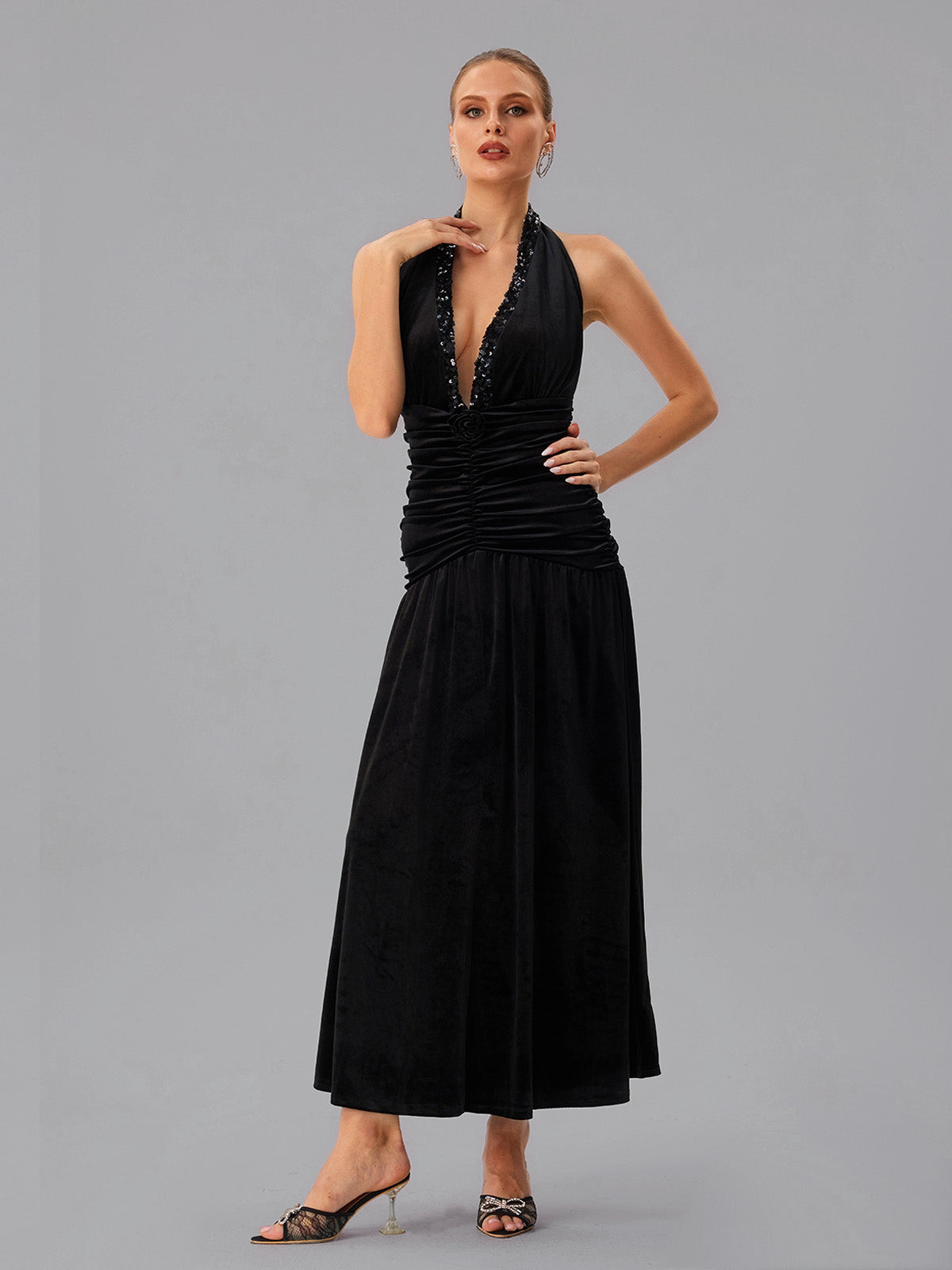 Abito Maxi Arricciato con Scollo Halterneck Faro