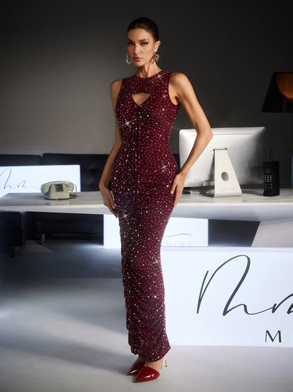 Abito Maxi Senza Maniche Feroze con Cutout e Strass