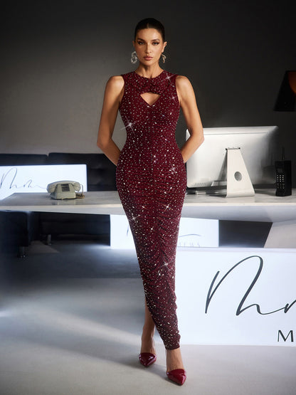 Abito Maxi Senza Maniche Feroze con Cutout e Strass