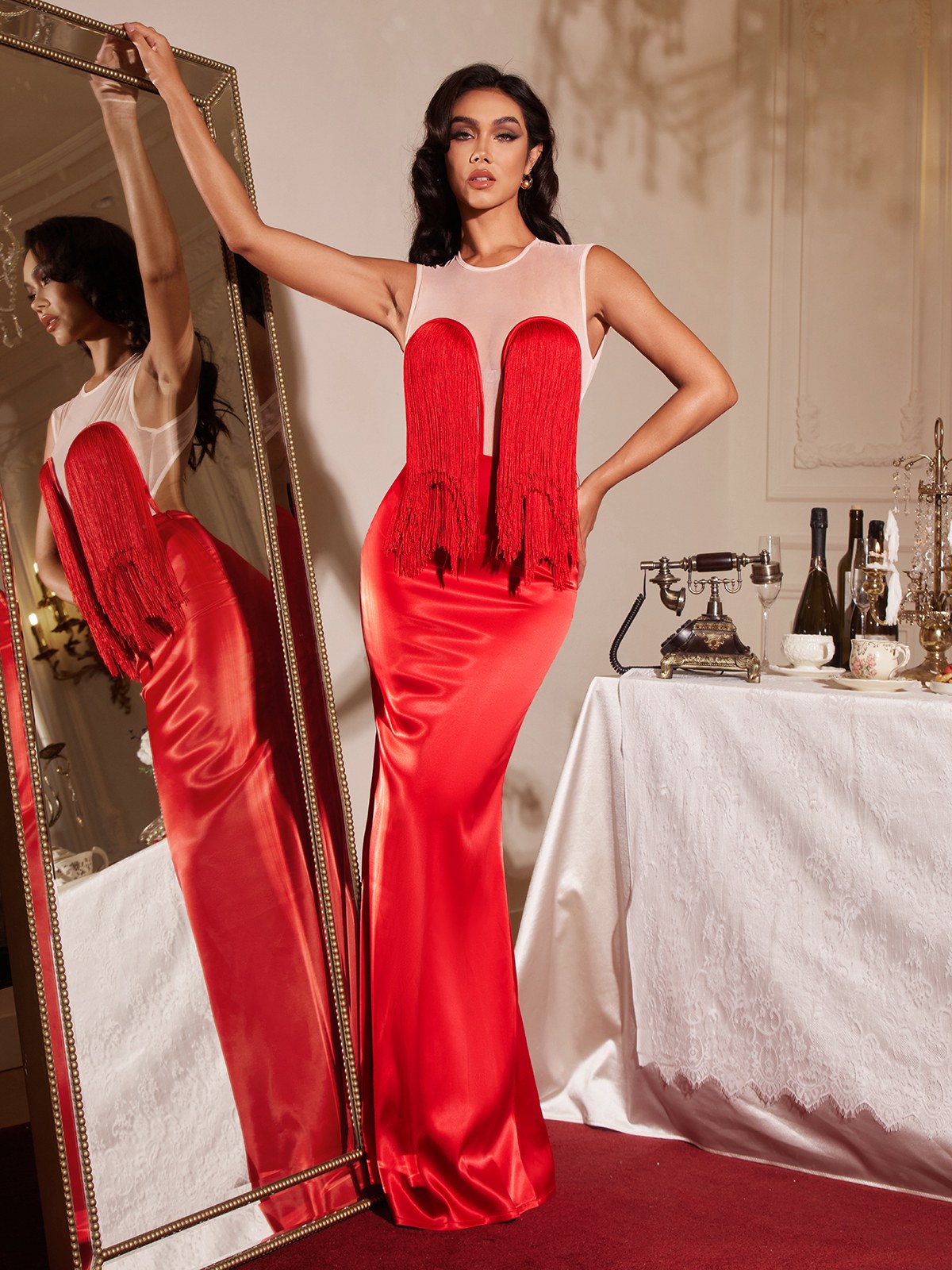 Abito Maxi Senza Maniche Filip con Frange e Cappotto