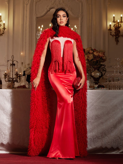 Abito Maxi Senza Maniche Filip con Frange e Cappotto