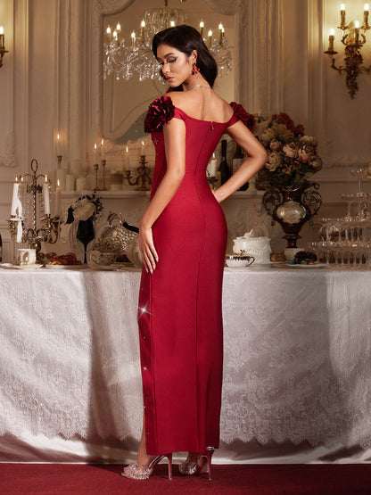 Abito Maxi Bandage con Fiori Off Shoulder Finella