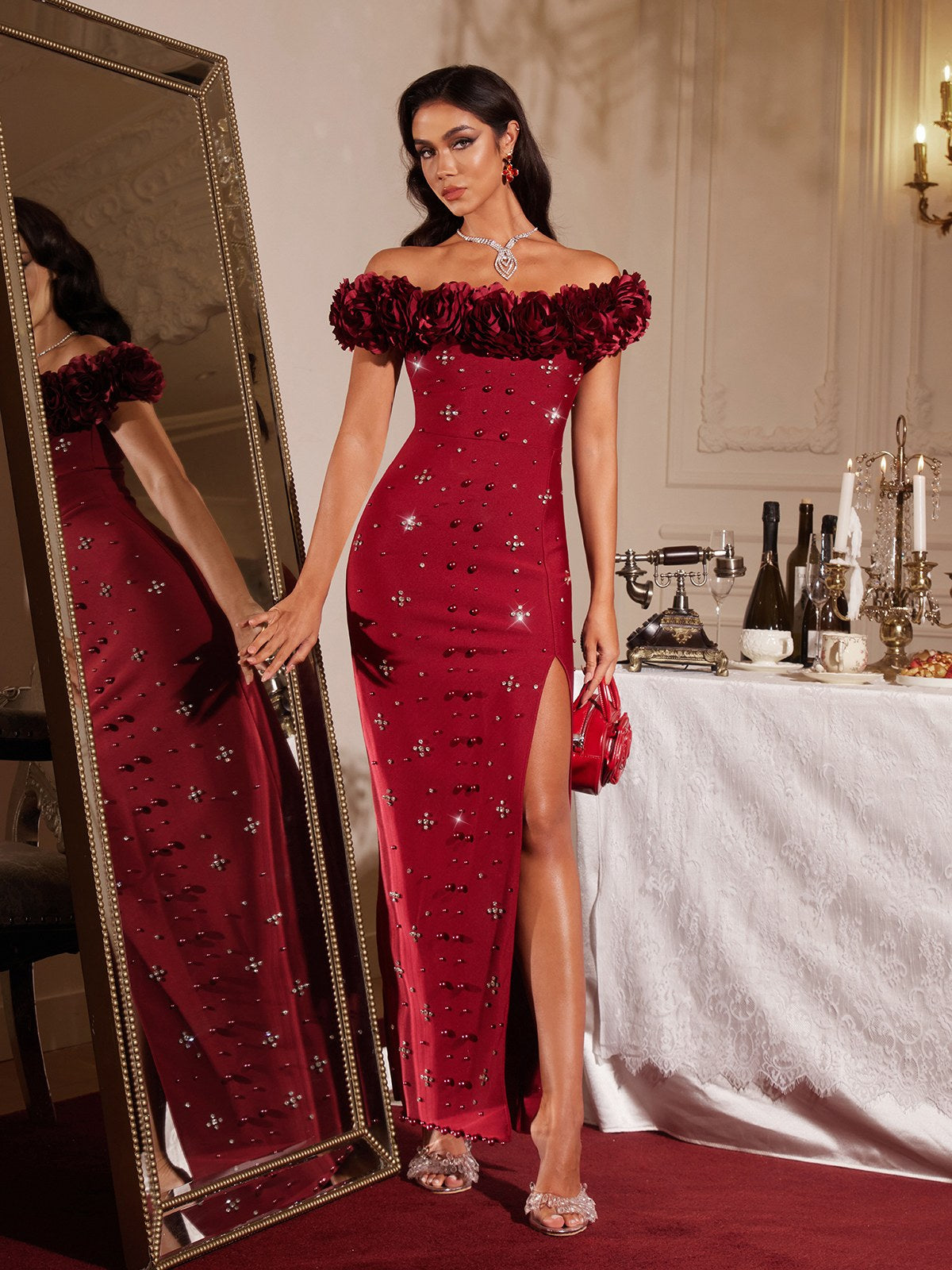 Abito Maxi Bandage con Fiori Off Shoulder Finella