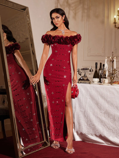 Abito Maxi Bandage con Fiori Off Shoulder Finella