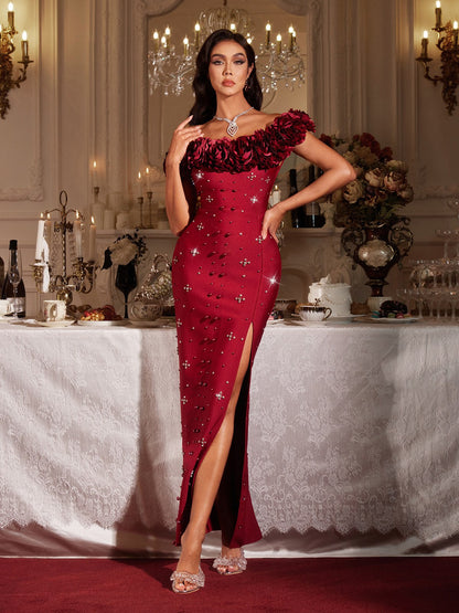 Abito Maxi Bandage con Fiori Off Shoulder Finella