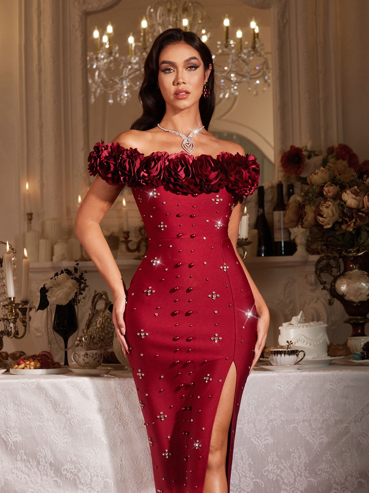 Abito Maxi Bandage con Fiori Off Shoulder Finella