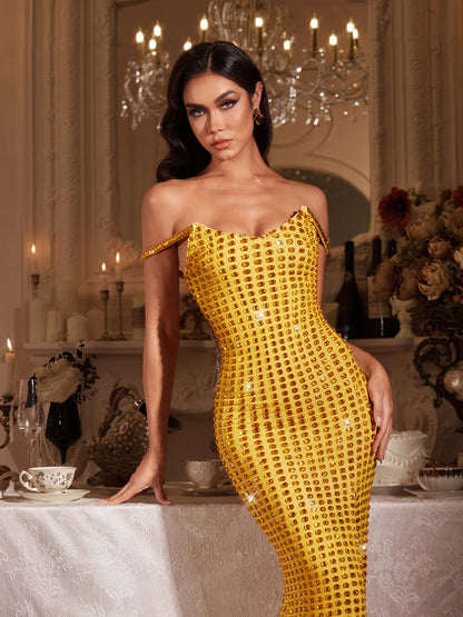 Abito Maxi Crystal Split Off Shoulder Finnr