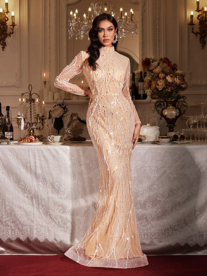 Abito Maxi in Paillettes Perlate a Maniche Lunghe Fiona