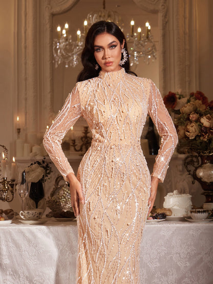 Abito Maxi in Paillettes Perlate a Maniche Lunghe Fiona