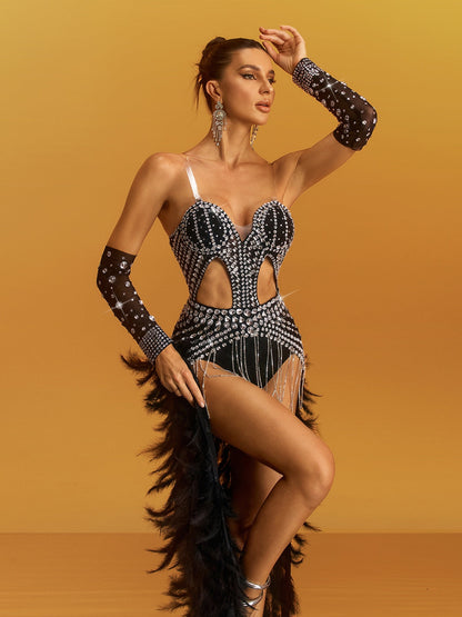 Body con Cutout a Catena e Piume di Cristallo Geysera