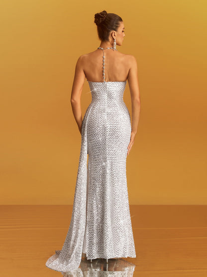 Abito Maxi Senza Spalline Arricciato con Paillettes Glein in Bianco