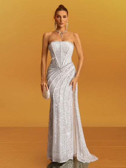 Abito Maxi Senza Spalline Arricciato con Paillettes Glein in Bianco
