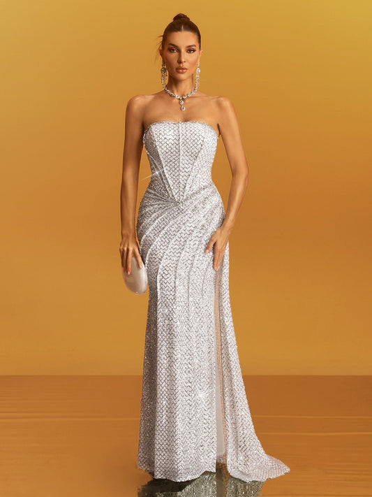 Abito Maxi Senza Spalline Arricciato con Paillettes Glein in Bianco