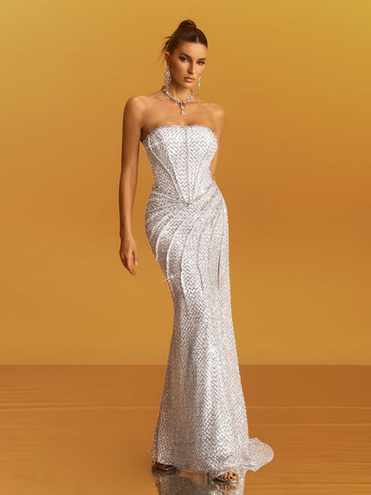 Abito Maxi Senza Spalline Arricciato con Paillettes Glein in Bianco