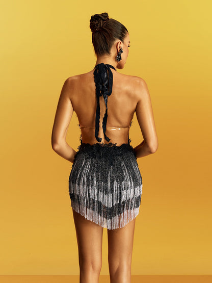 Body senza schienale con frange in pizzo e glitter Gryoxina