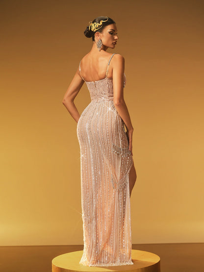 Abito Maxi Spaghetti Haldrex con Decorazioni e Spacco