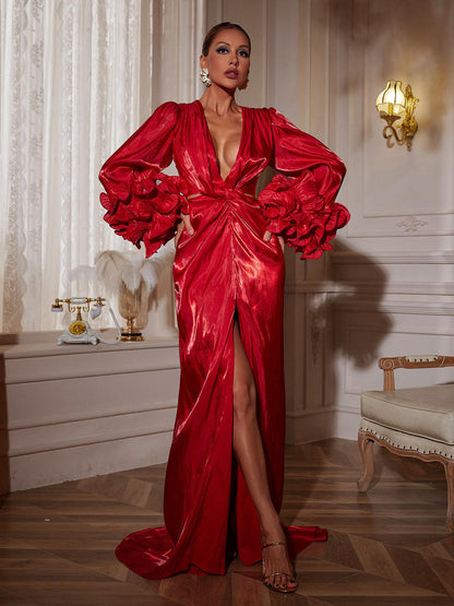 Abito Maxi Halston a Maniche Lunghe con Rouches e Spacco