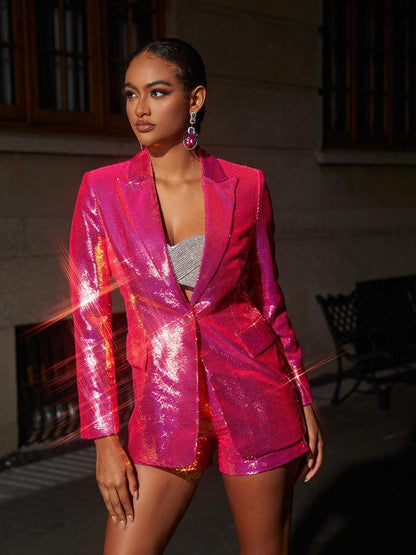 Set di Blazer e Pantaloni Corti Hanako con Paillettes in Rosa Fluo