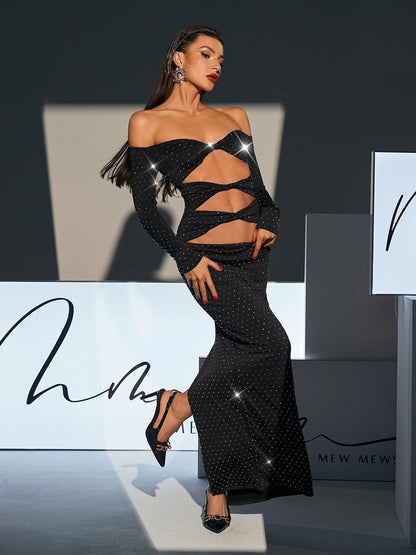 Abito Maxi Cutout con Strass Hedwig Off Shoulder