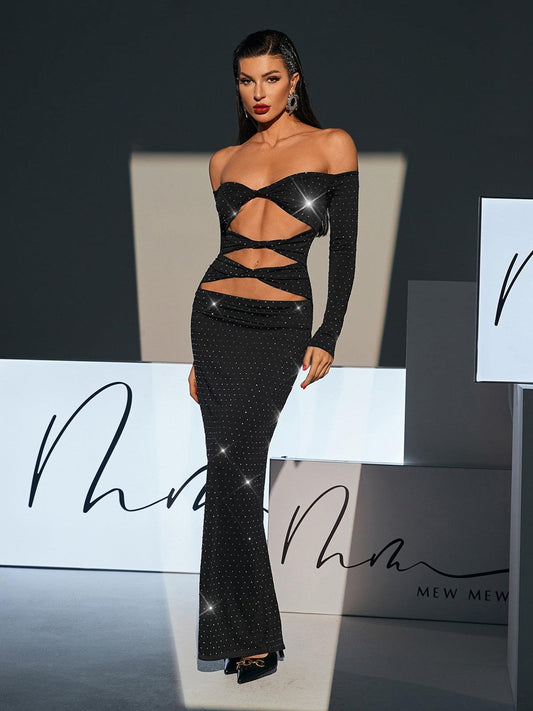 Abito Maxi Cutout con Strass Hedwig Off Shoulder