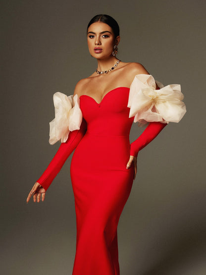 Abito Maxi Bandage con Spalle Scoperte e Fiori Ifra in Rosso