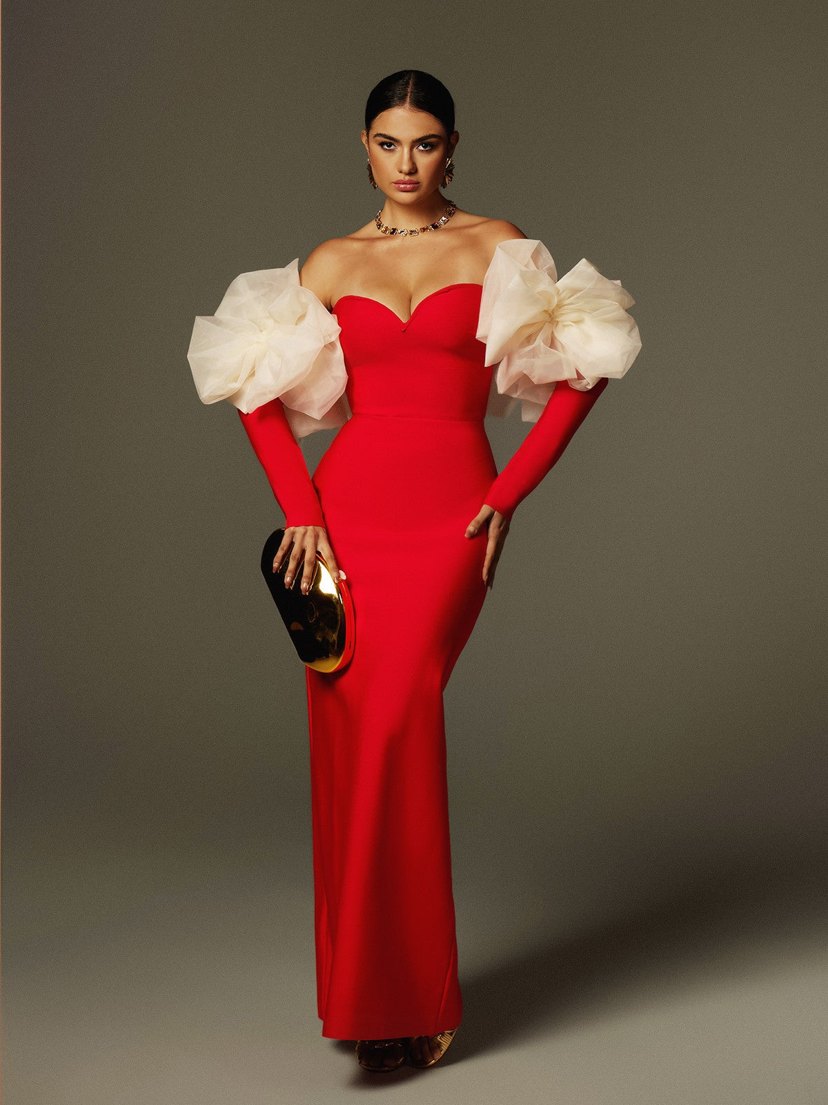 Abito Maxi Bandage con Spalle Scoperte e Fiori Ifra in Rosso