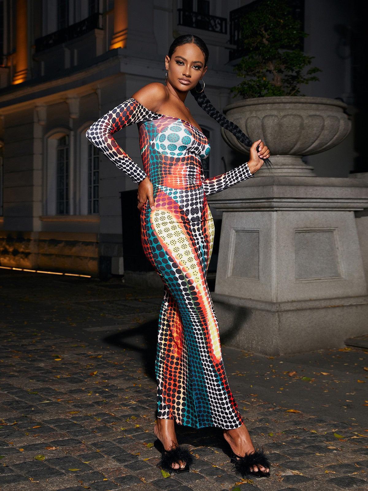 Abito Maxi Ishi Off Shoulder in Multicolore