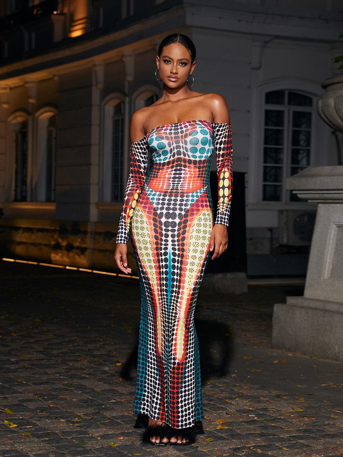 Abito Maxi Ishi Off Shoulder in Multicolore