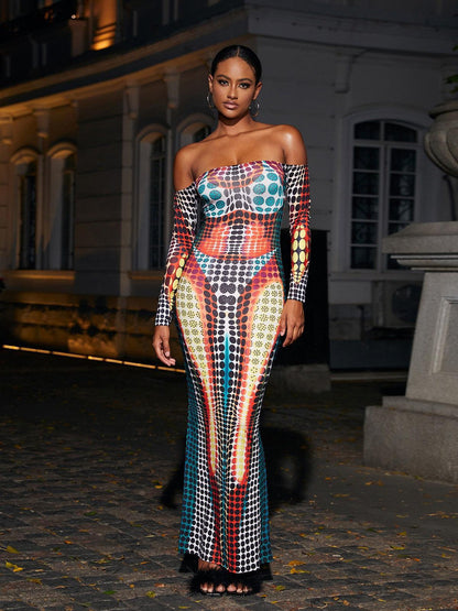 Abito Maxi Ishi Off Shoulder in Multicolore