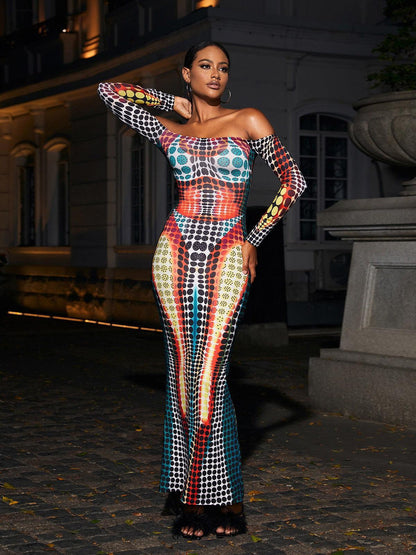 Abito Maxi Ishi Off Shoulder in Multicolore