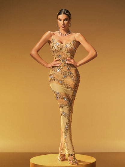 Abito Maxi in Rete con Spacco di Cristallo Jaldris