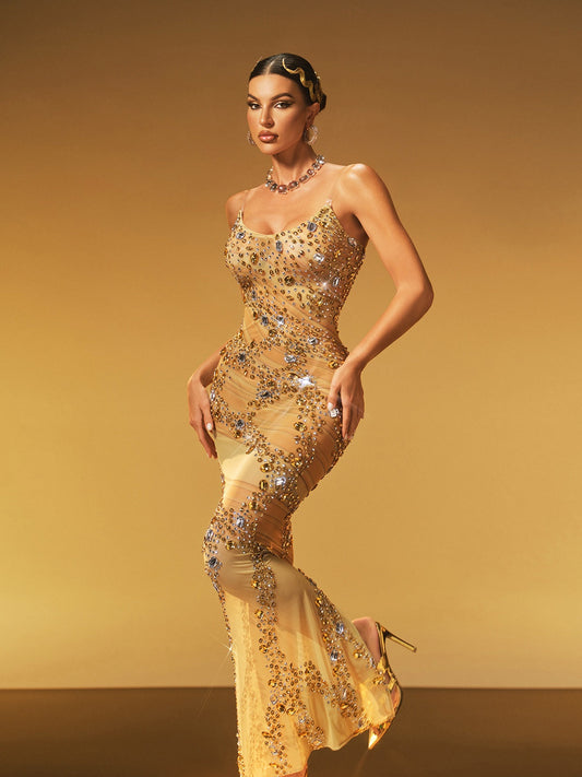 Abito Maxi in Rete con Spacco di Cristallo Jaldris